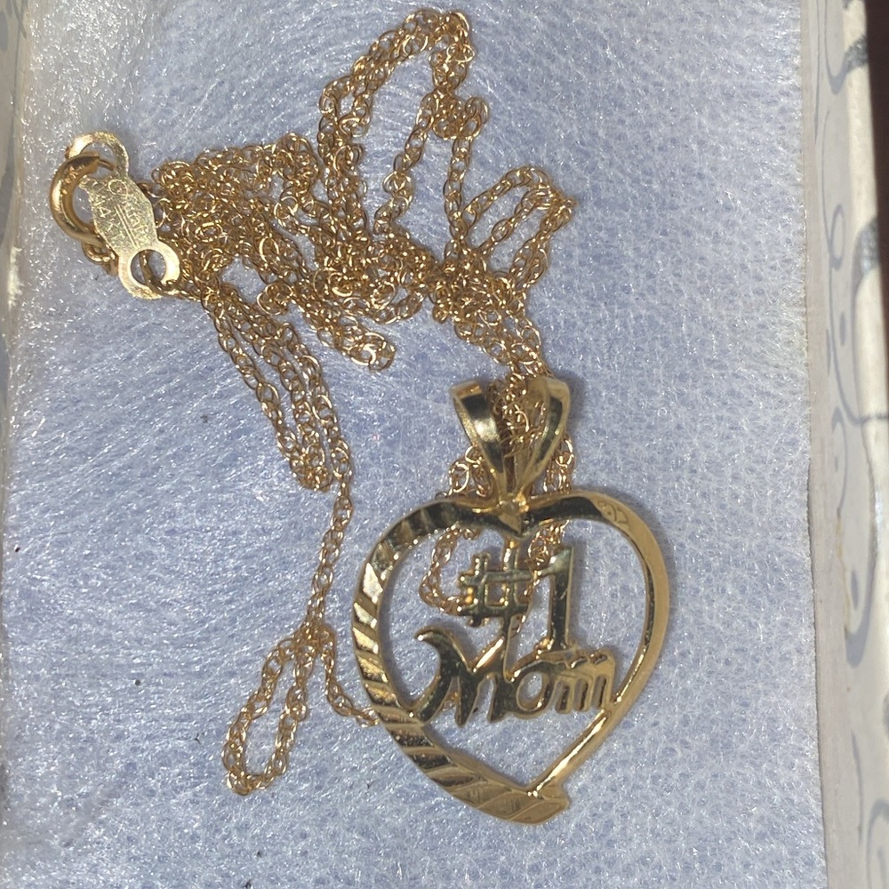 14K SOLID YELLOW GOLD #1 MOM HEART PENDANT & SOLID GOLD CHAIN SIGNED AURAFIN - Picture 16 of 16